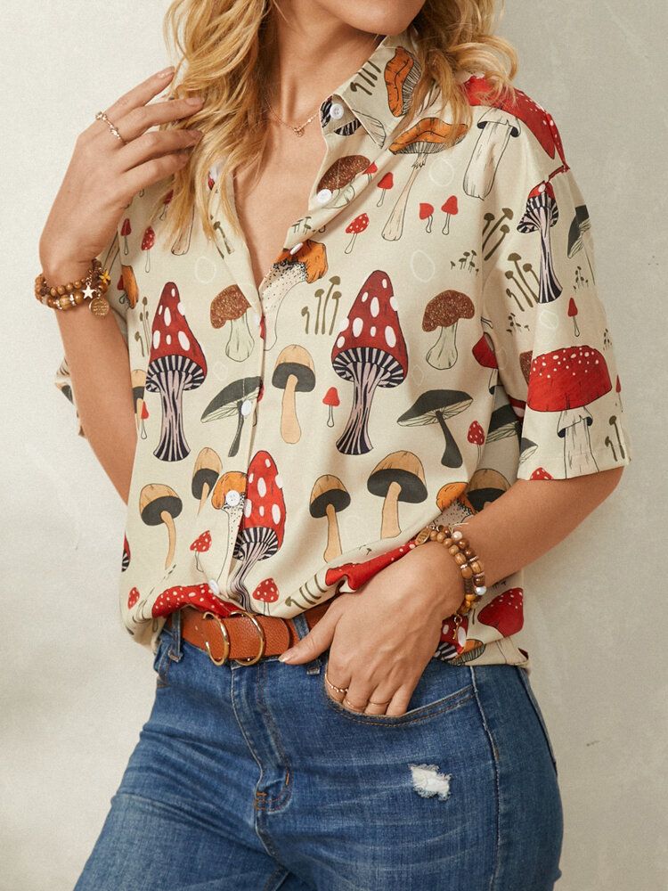 Blusa Informal Con Botones De Media Manga Y Cuello De Solapa Con Estampado De Hongos Para Mujer