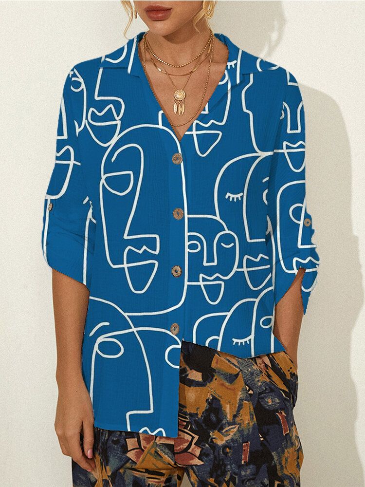 Blusa Informal Con Botones De Solapa Y Manga Larga Con Estampado Abstracto Para Mujer