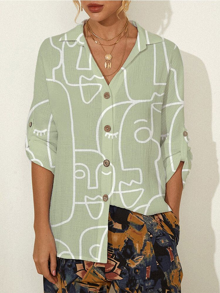 Blusa Informal Con Botones De Solapa Y Manga Larga Con Estampado Abstracto Para Mujer