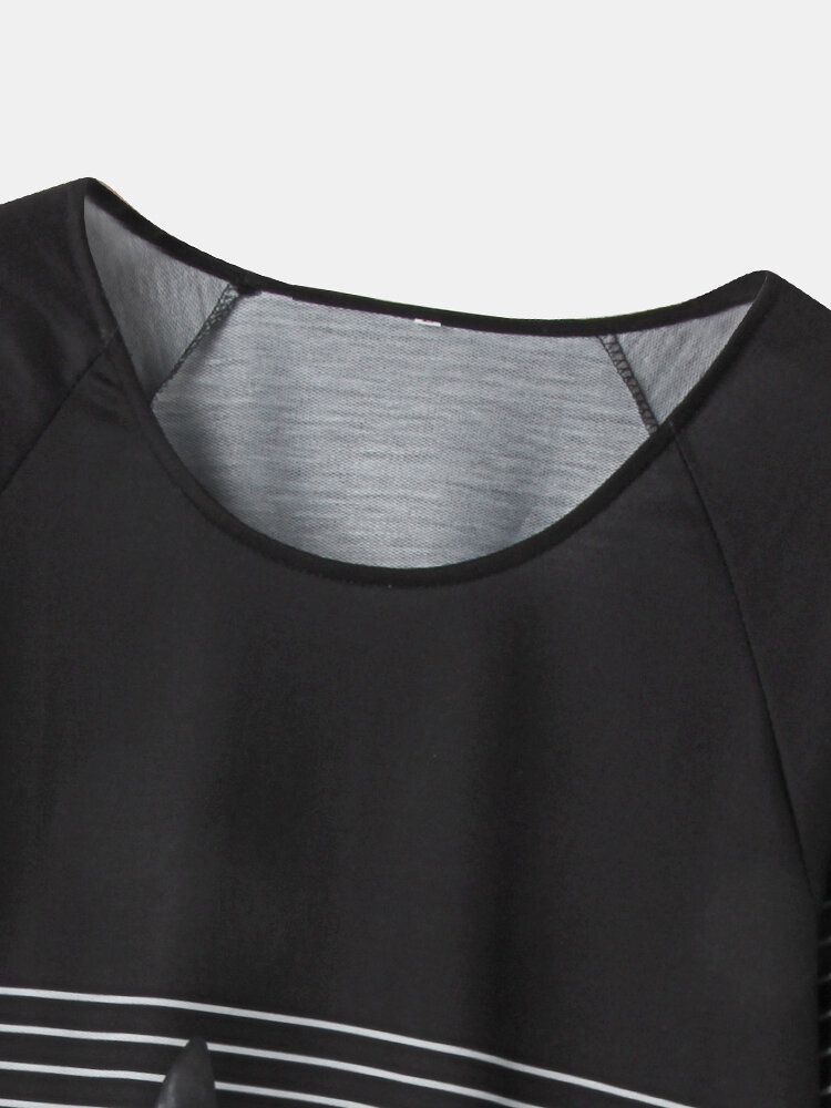 Blusa Informal Con Cuello Redondo Y Estampado De Gato Negro A Rayas Para Mujer Con Bolsillos