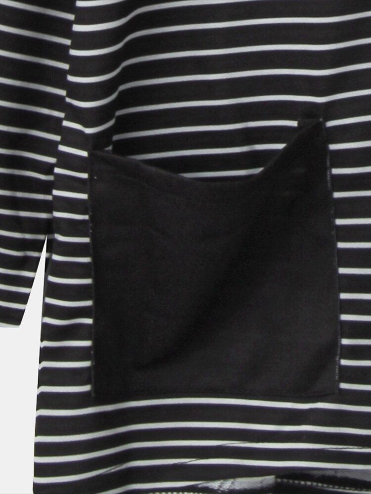 Blusa Informal Con Cuello Redondo Y Estampado De Gato Negro A Rayas Para Mujer Con Bolsillos