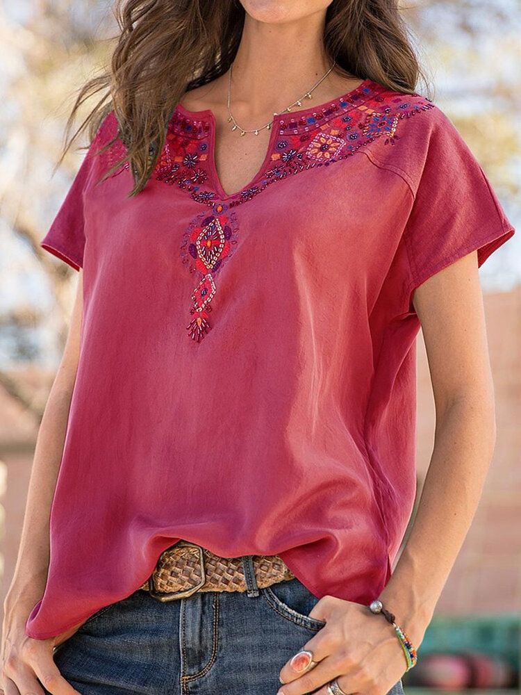 Blusa Informal Con Cuello En V Y Estampado De Bordado Vintage Bohemio