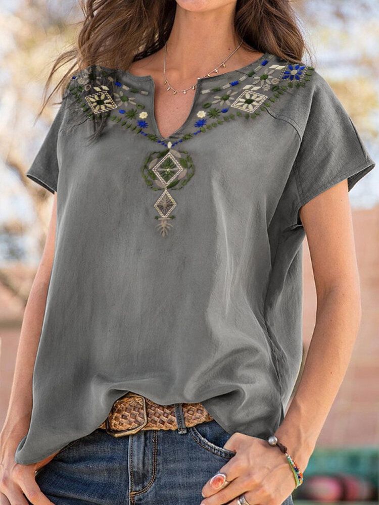 Blusa Informal Con Cuello En V Y Estampado De Bordado Vintage Bohemio