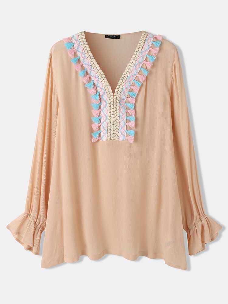 Blusa Informal Con Dobladillo Curvo Y Manga Abullonada Lisa Con Cuello En V Y Borlas Para Mujer