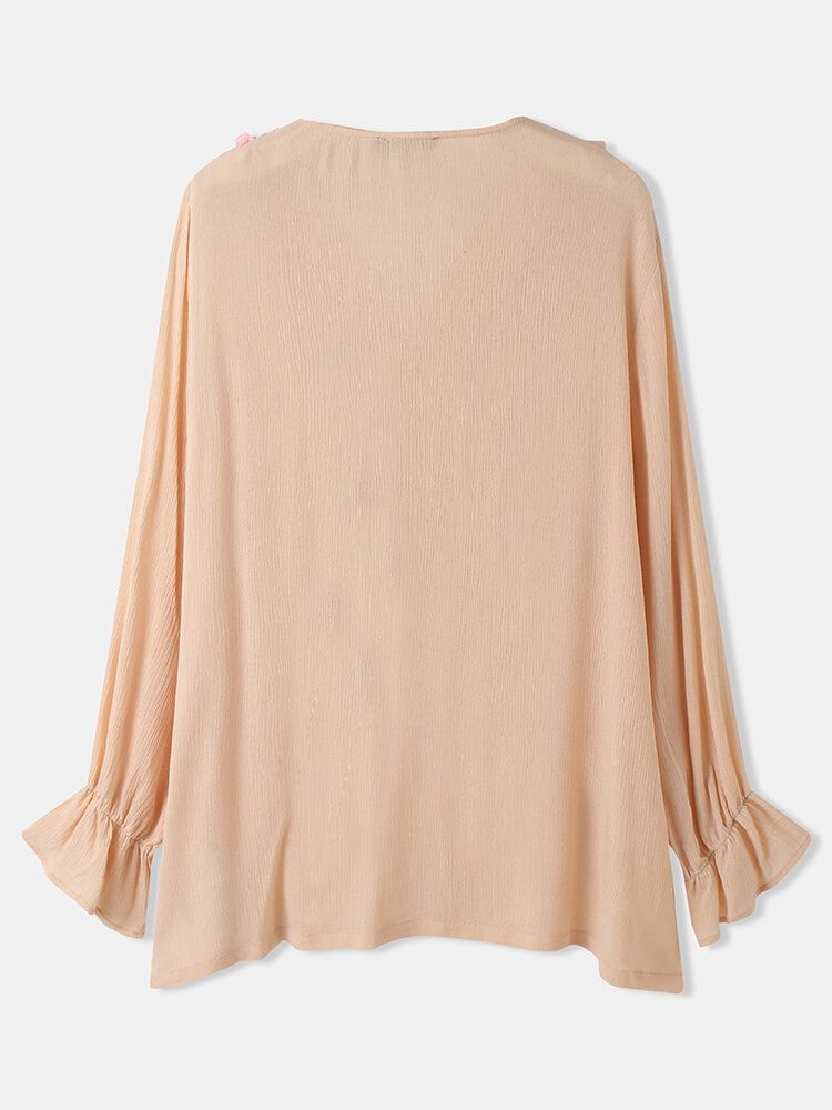 Blusa Informal Con Dobladillo Curvo Y Manga Abullonada Lisa Con Cuello En V Y Borlas Para Mujer