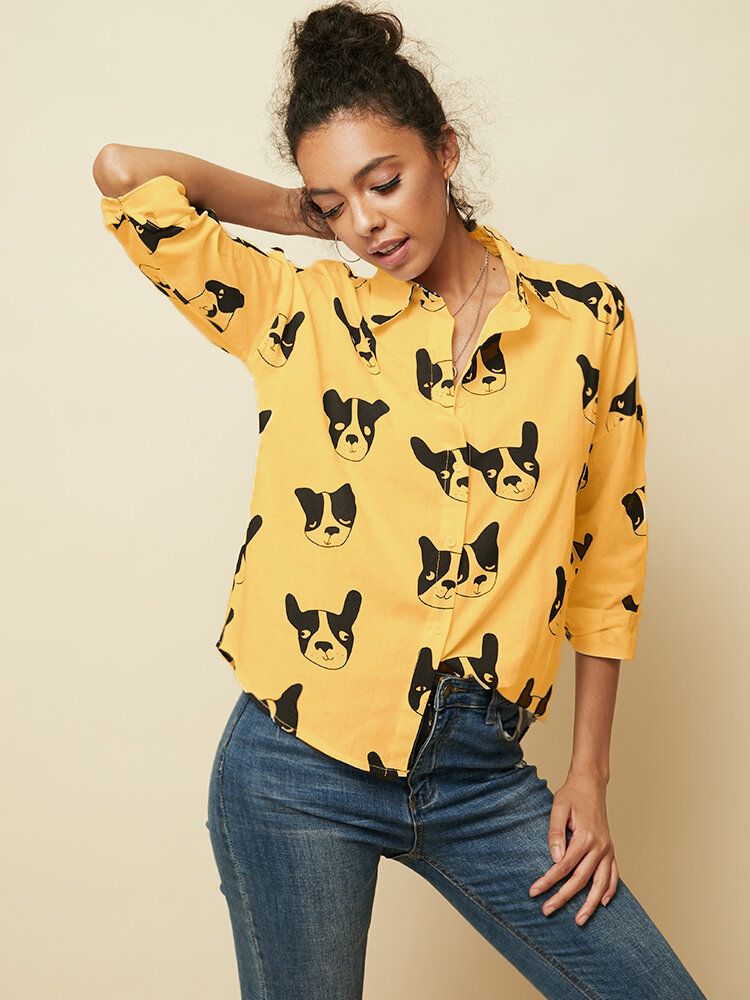 Blusa Informal Con Dobladillo Irregular De Manga Larga Con Botones Y Estampado Animal De Perro De Dibujos Animados Para Mujer