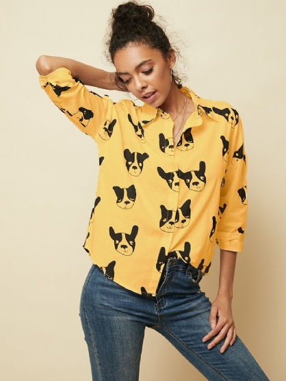 Blusa Informal Con Dobladillo Irregular De Manga Larga Con Botones Y Estampado Animal De Perro De Dibujos Animados Para Mujer