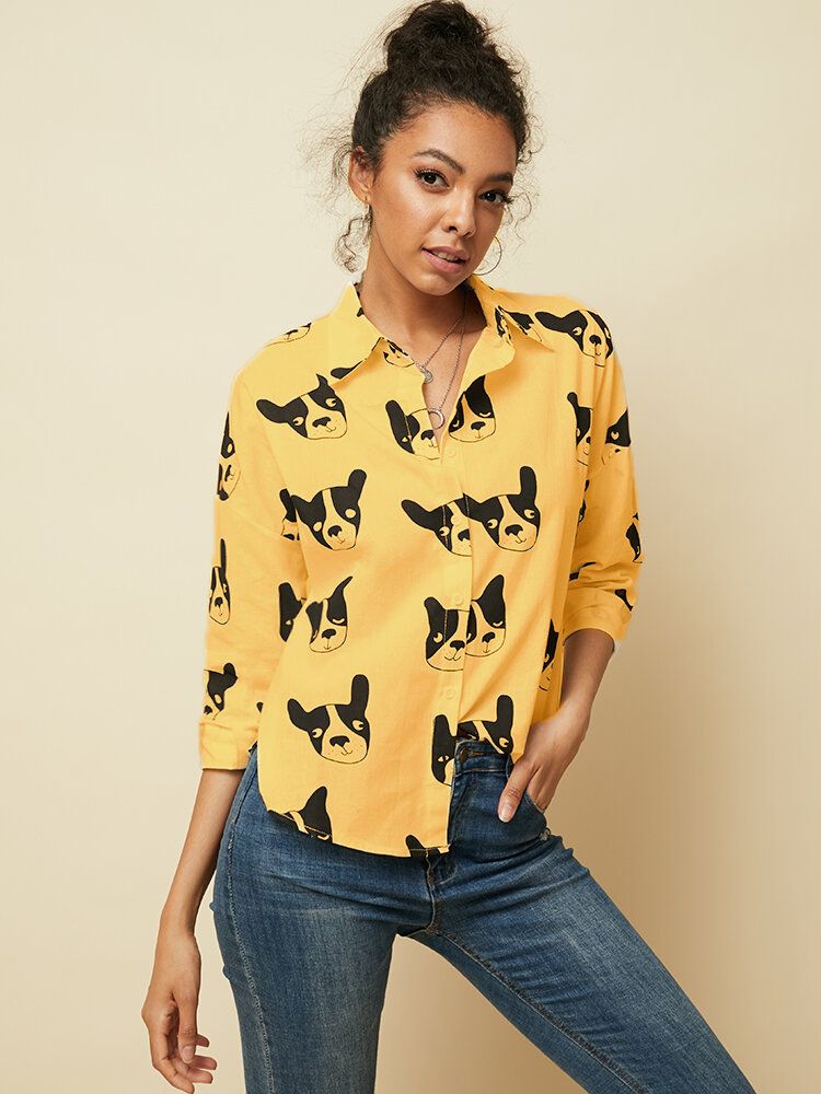 Blusa Informal Con Dobladillo Irregular De Manga Larga Con Botones Y Estampado Animal De Perro De Dibujos Animados Para Mujer