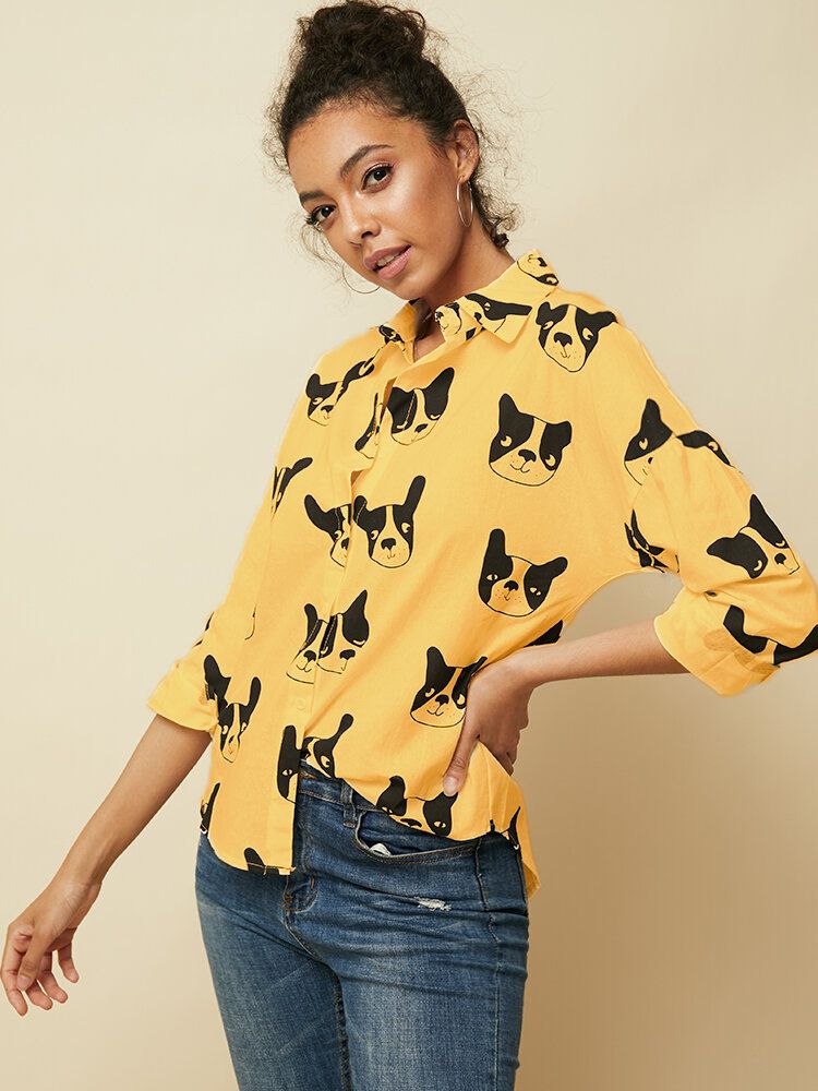 Blusa Informal Con Dobladillo Irregular De Manga Larga Con Botones Y Estampado Animal De Perro De Dibujos Animados Para Mujer