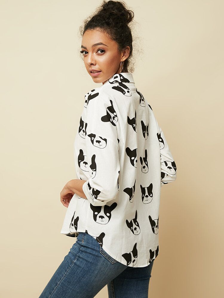 Blusa Informal Con Dobladillo Irregular De Manga Larga Con Botones Y Estampado Animal De Perro De Dibujos Animados Para Mujer