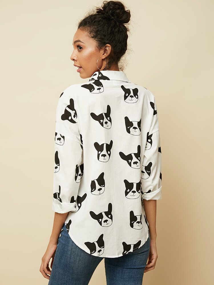 Blusa Informal Con Dobladillo Irregular De Manga Larga Con Botones Y Estampado Animal De Perro De Dibujos Animados Para Mujer