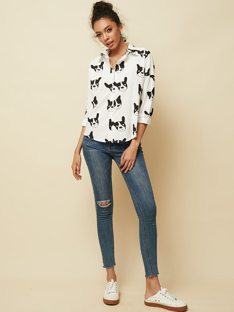 Blusa Informal Con Dobladillo Irregular De Manga Larga Con Botones Y Estampado Animal De Perro De Dibujos Animados Para Mujer