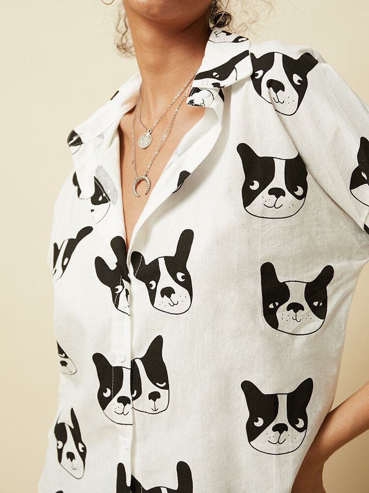 Blusa Informal Con Dobladillo Irregular De Manga Larga Con Botones Y Estampado Animal De Perro De Dibujos Animados Para Mujer