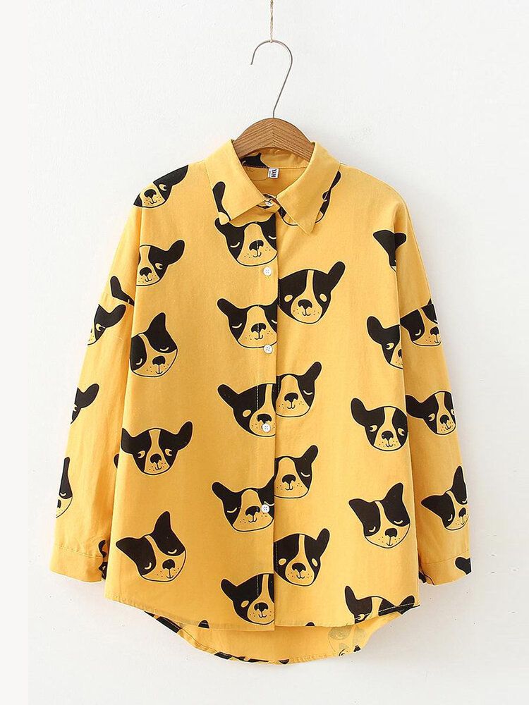 Blusa Informal Con Dobladillo Irregular De Manga Larga Con Botones Y Estampado Animal De Perro De Dibujos Animados Para Mujer