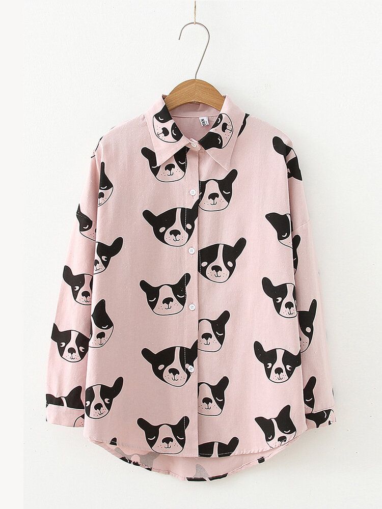 Blusa Informal Con Dobladillo Irregular De Manga Larga Con Botones Y Estampado Animal De Perro De Dibujos Animados Para Mujer