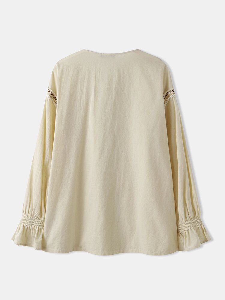 Blusa Informal Con Manga Abullonada Y Hombros Caídos Estilo Étnico Para Mujer