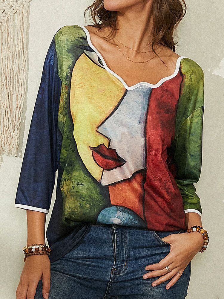 Blusa Informal De Cuello Asimétrico Con Estampado De Arte Abstracto De Retrato De Mujer