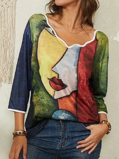 Blusa Informal De Cuello Asimétrico Con Estampado De Arte Abstracto De Retrato De Mujer