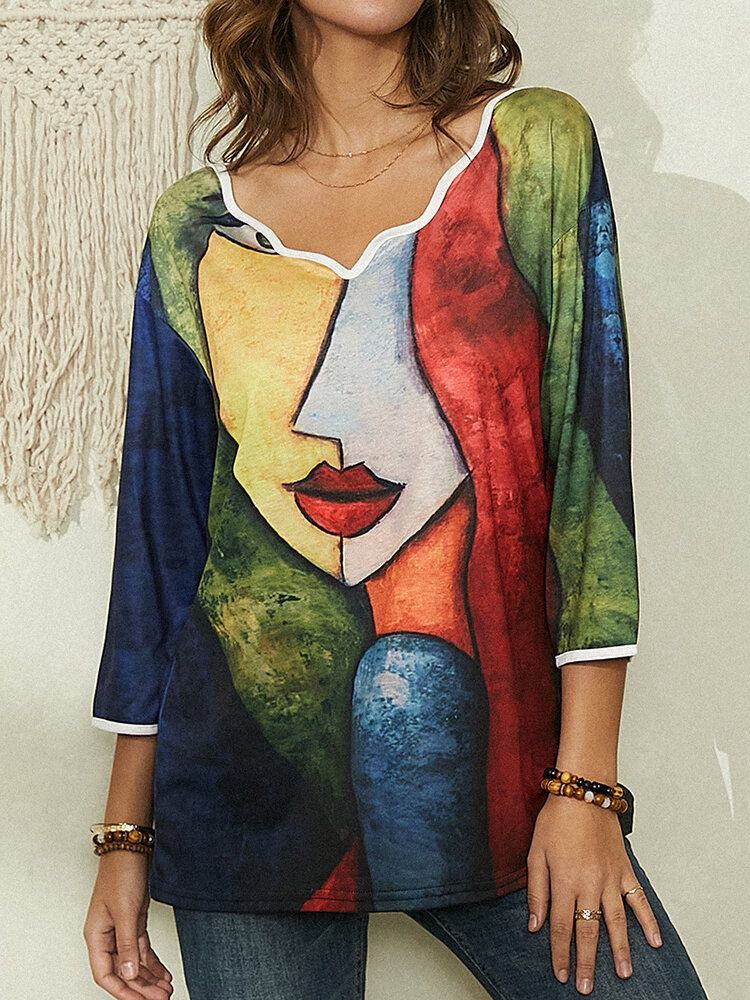 Blusa Informal De Cuello Asimétrico Con Estampado De Arte Abstracto De Retrato De Mujer