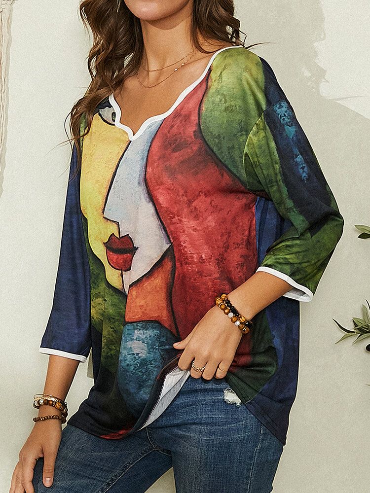 Blusa Informal De Cuello Asimétrico Con Estampado De Arte Abstracto De Retrato De Mujer