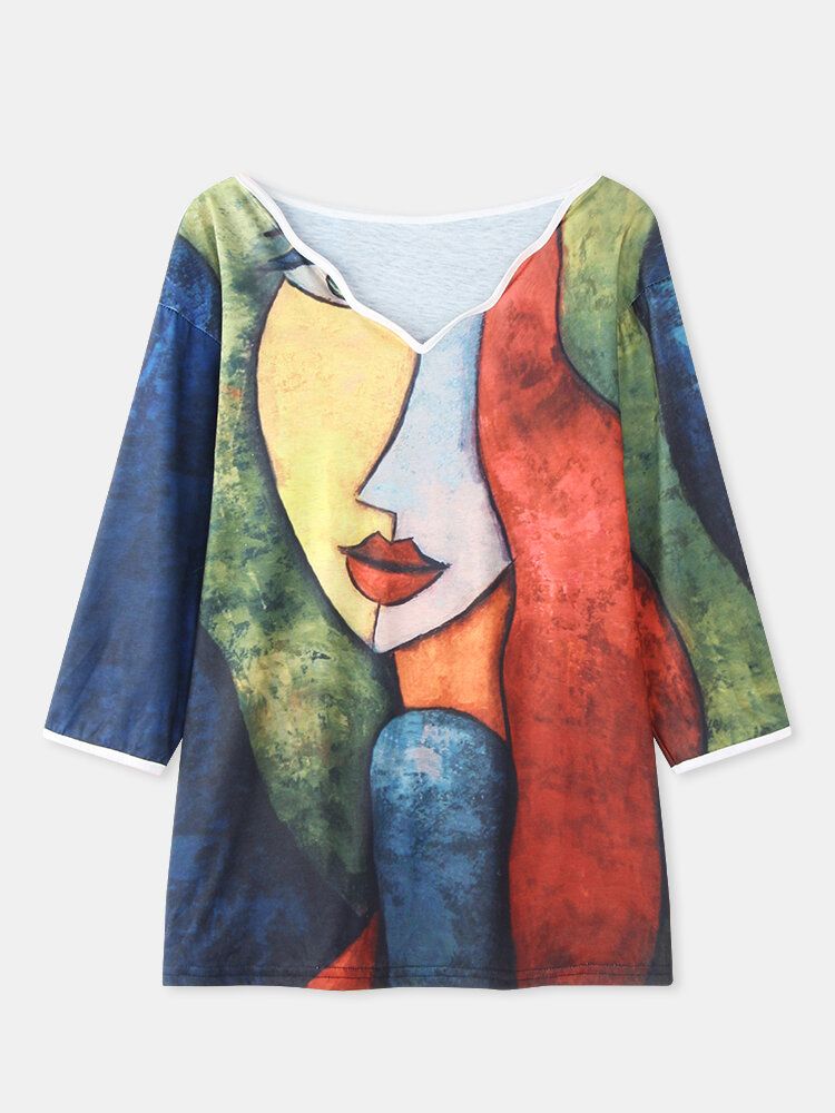 Blusa Informal De Cuello Asimétrico Con Estampado De Arte Abstracto De Retrato De Mujer