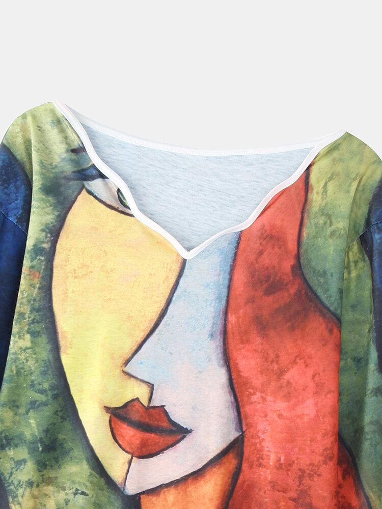 Blusa Informal De Cuello Asimétrico Con Estampado De Arte Abstracto De Retrato De Mujer