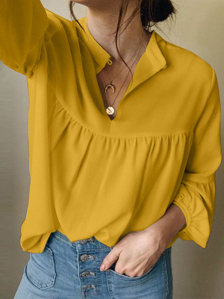 Blusa Informal Diaria De Color Sólido Con Puños Elásticos Con Cuello Redondo Y Manga Abullonada Para Mujer