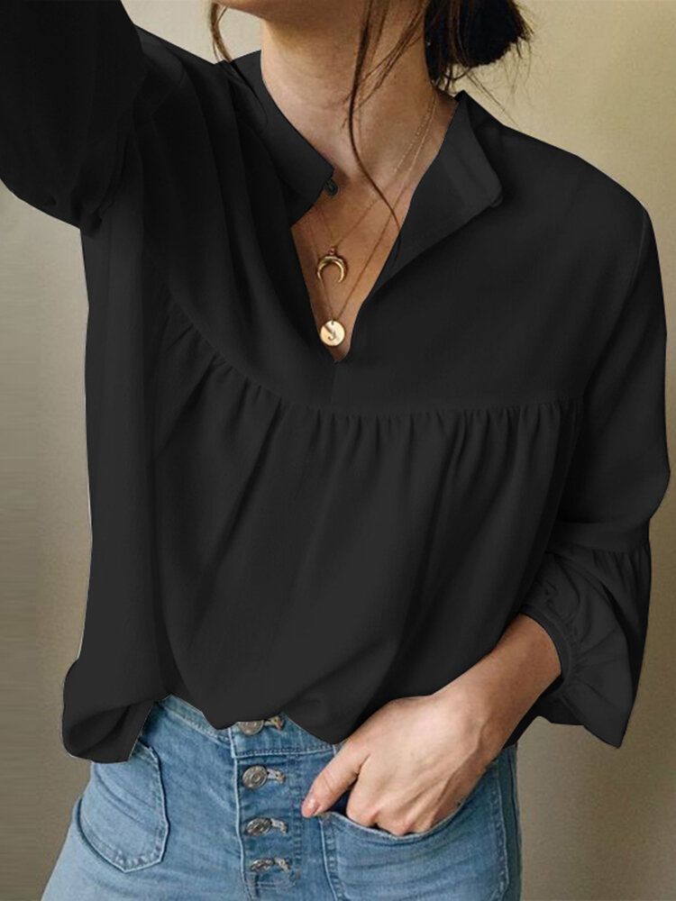 Blusa Informal Diaria De Color Sólido Con Puños Elásticos Con Cuello Redondo Y Manga Abullonada Para Mujer