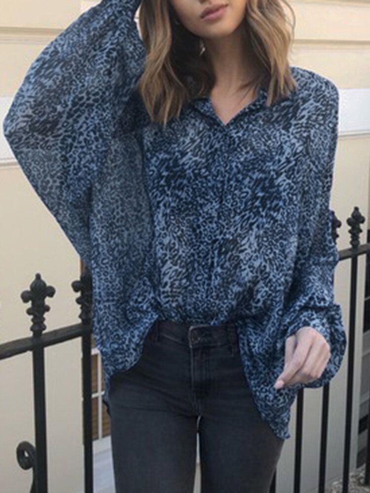 Blusa Informal Diaria Con Botones De Manga Larga Y Cuello De Solapa Con Estampado De Leopardo Para Mujer