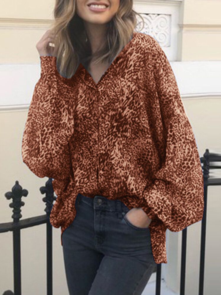 Blusa Informal Diaria Con Botones De Manga Larga Y Cuello De Solapa Con Estampado De Leopardo Para Mujer