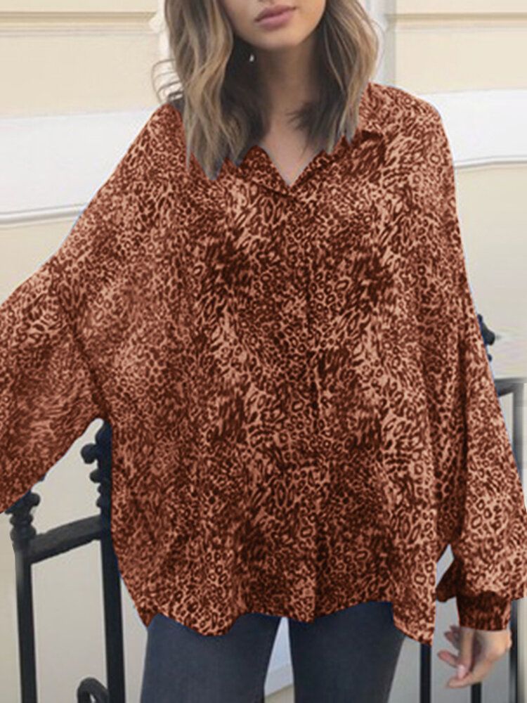 Blusa Informal Diaria Con Botones De Manga Larga Y Cuello De Solapa Con Estampado De Leopardo Para Mujer