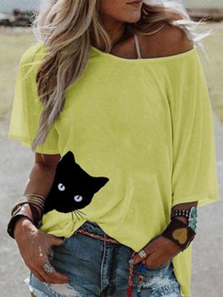 Blusa Informal Diaria Suelta De Manga Corta De Verano Para Mujer Con Estampado De Gato