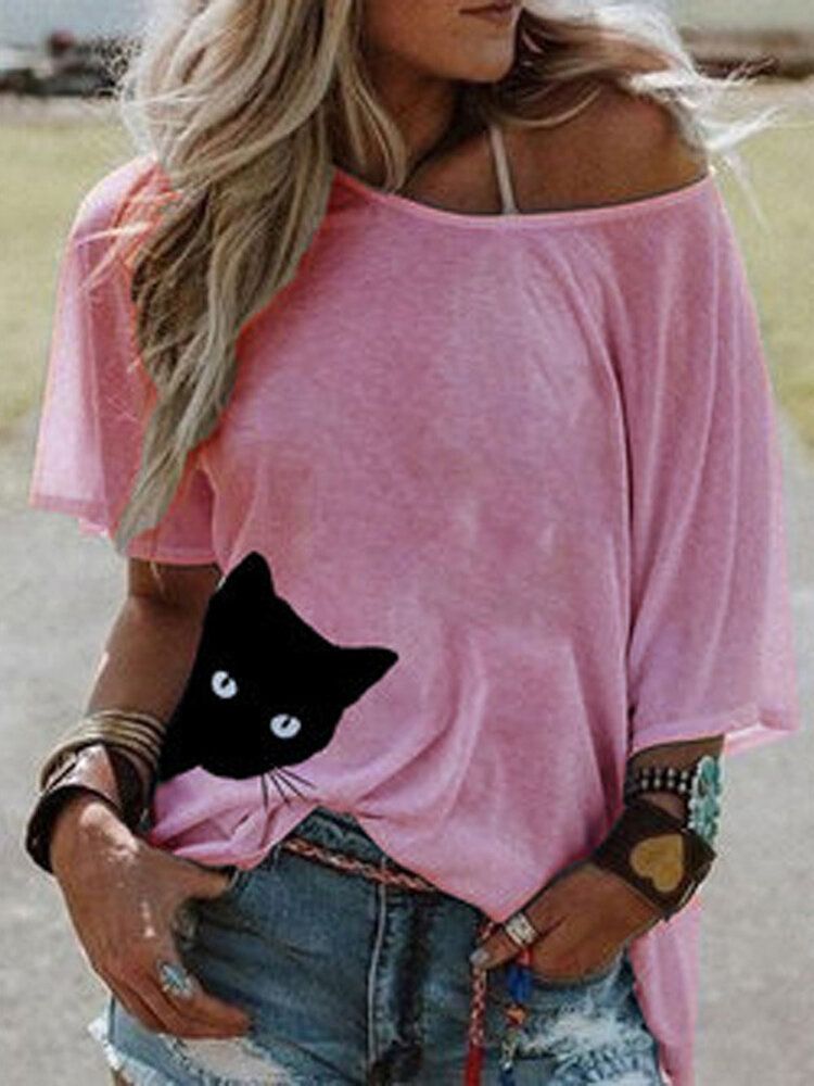 Blusa Informal Diaria Suelta De Manga Corta De Verano Para Mujer Con Estampado De Gato