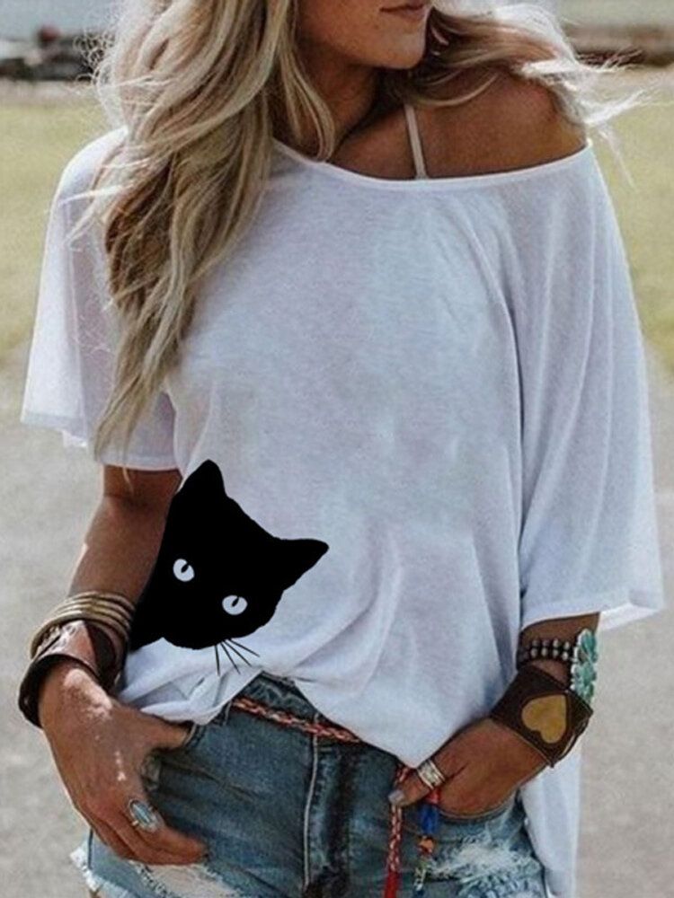 Blusa Informal Diaria Suelta De Manga Corta De Verano Para Mujer Con Estampado De Gato