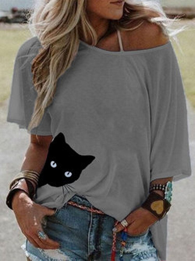 Blusa Informal Diaria Suelta De Manga Corta De Verano Para Mujer Con Estampado De Gato