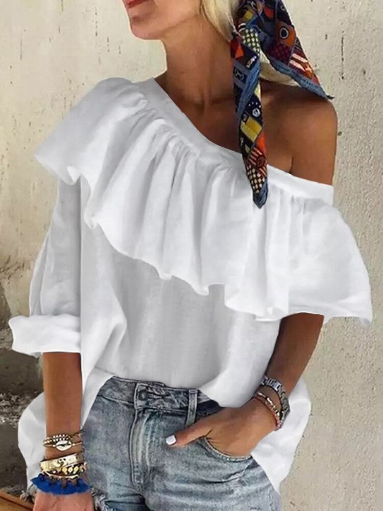 Blusa Informal Diaria De Vacaciones De Un Hombro Irregular Con Volantes De Color Sólido Para Mujer