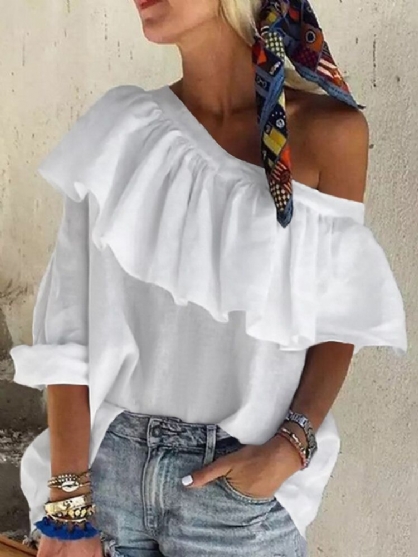 Blusa Informal Diaria De Vacaciones De Un Hombro Irregular Con Volantes De Color Sólido Para Mujer