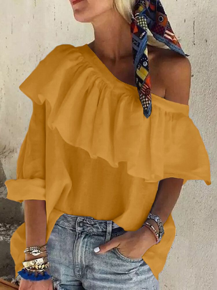 Blusa Informal Diaria De Vacaciones De Un Hombro Irregular Con Volantes De Color Sólido Para Mujer