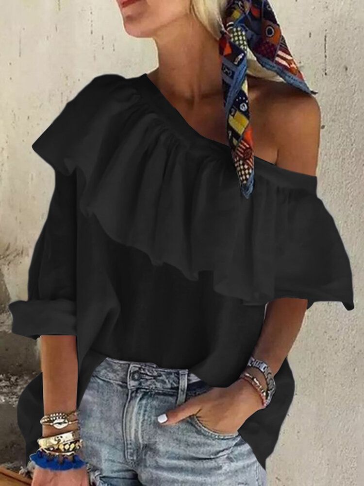 Blusa Informal Diaria De Vacaciones De Un Hombro Irregular Con Volantes De Color Sólido Para Mujer