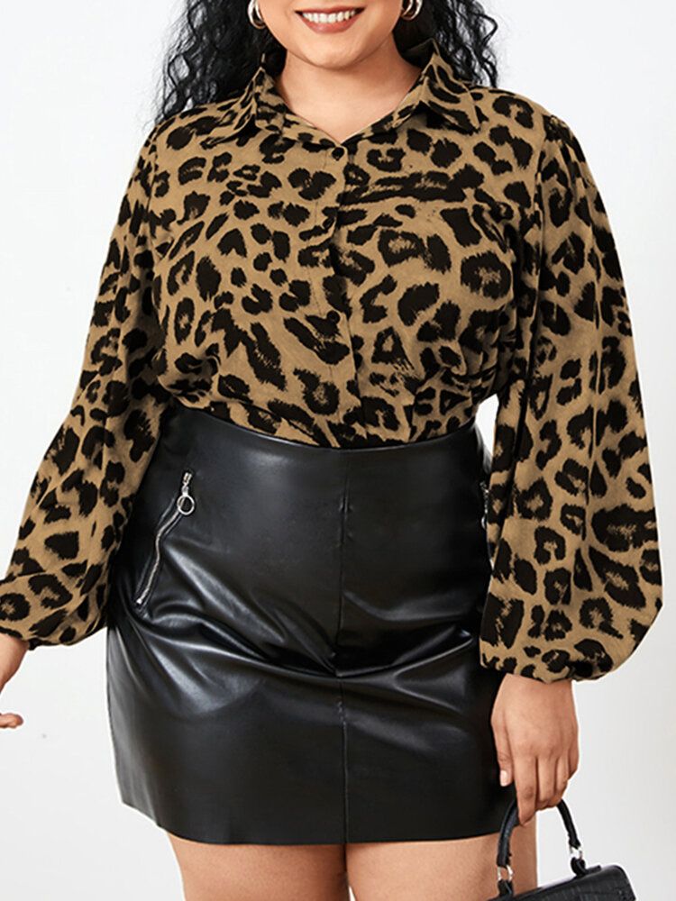 Blusa Informal Elegante Con Botones De Solapa Y Manga De Linterna Con Estampado De Leopardo Para Mujer