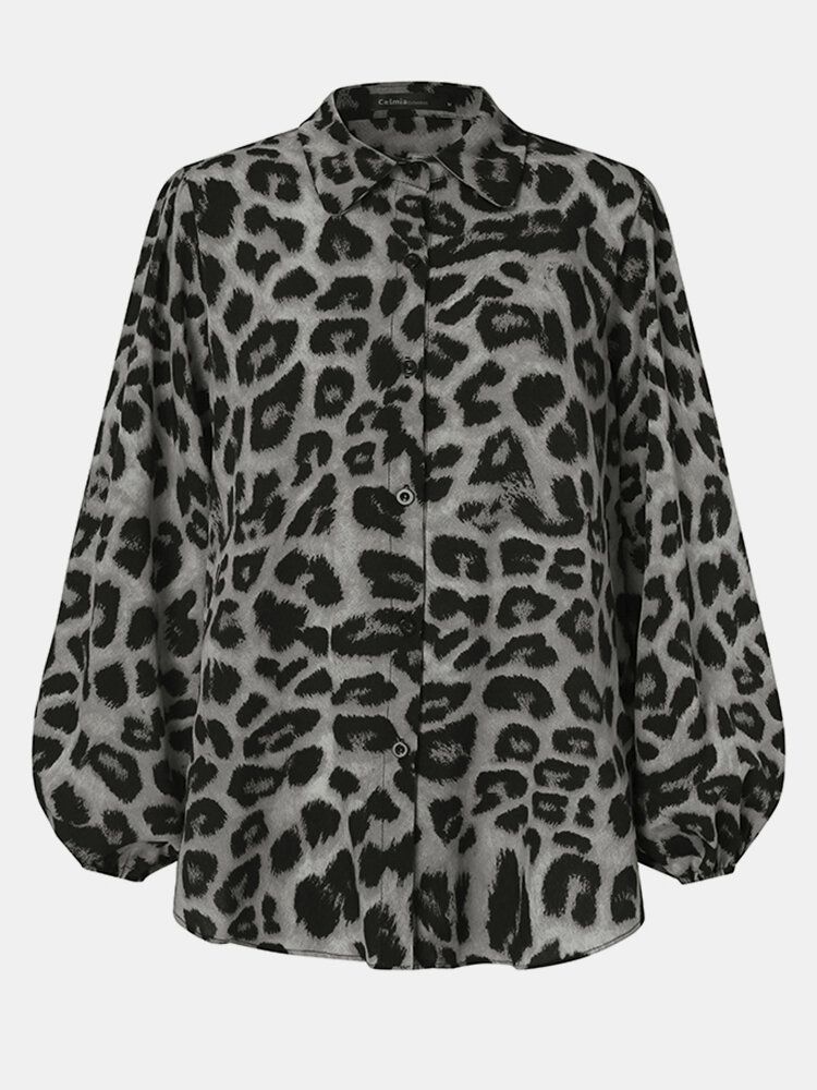 Blusa Informal Elegante Con Botones De Solapa Y Manga De Linterna Con Estampado De Leopardo Para Mujer