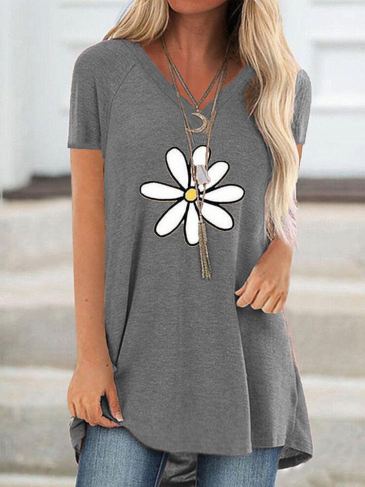 Blusa Informal Holgada De Manga Corta Con Cuello En V Y Estampado De Flores Para Mujer