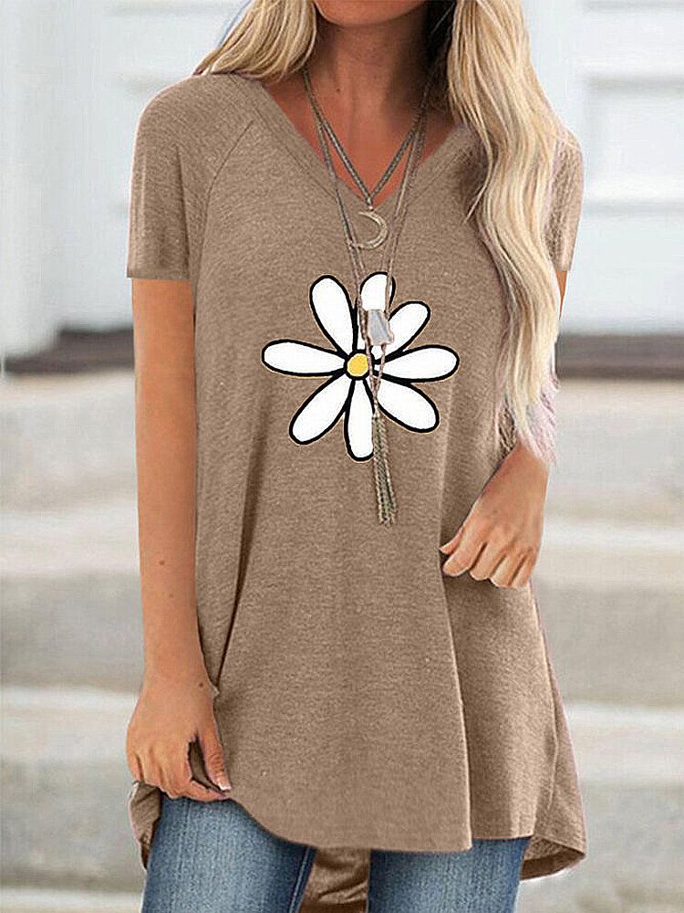 Blusa Informal Holgada De Manga Corta Con Cuello En V Y Estampado De Flores Para Mujer