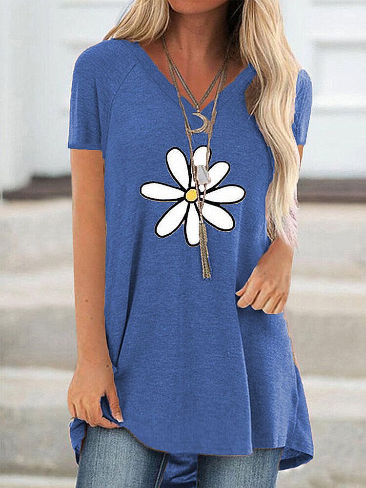 Blusa Informal Holgada De Manga Corta Con Cuello En V Y Estampado De Flores Para Mujer