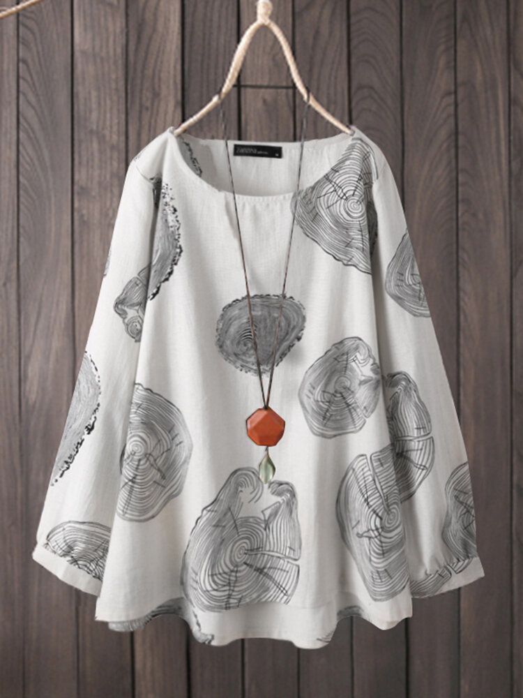 Blusa Informal Holgada De Manga Larga Con Cuello Redondo Y Estampado De Anillo De Árbol De Algodón Para Mujer