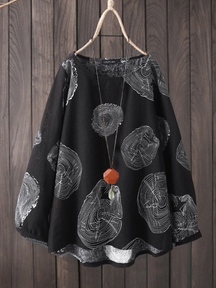 Blusa Informal Holgada De Manga Larga Con Cuello Redondo Y Estampado De Anillo De Árbol De Algodón Para Mujer