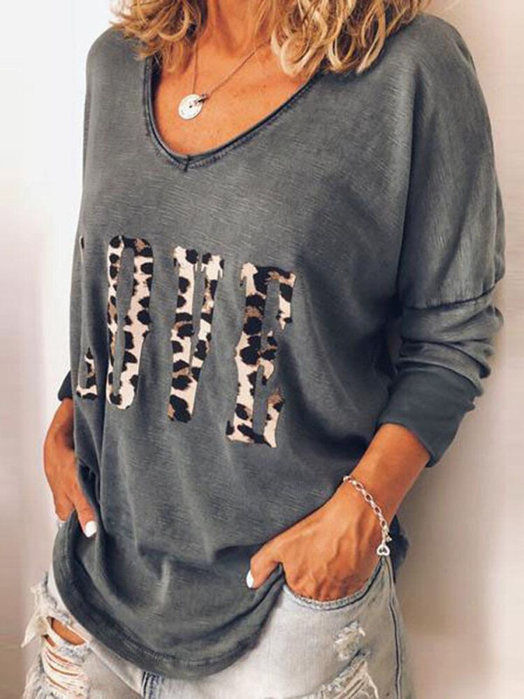 Blusa Informal Holgada De Manga Larga Con Cuello En V Y Estampado De Alfabeto De Leopardo