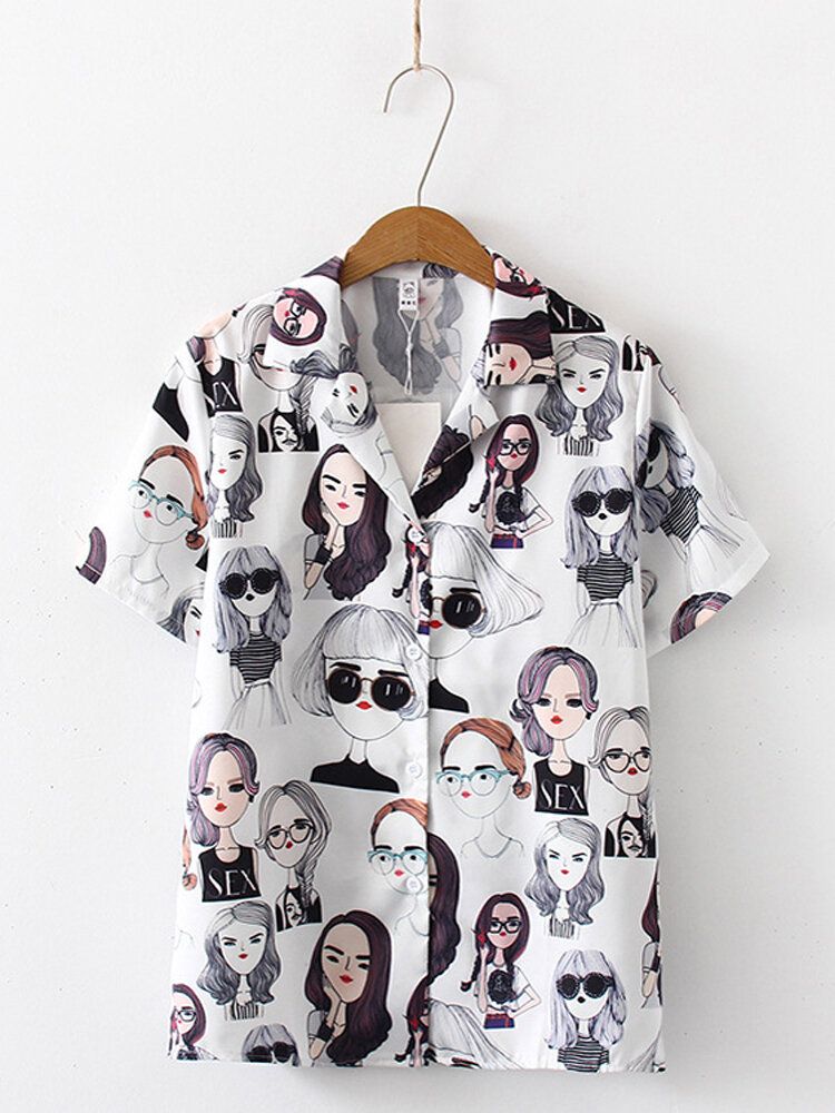 Blusa Informal De Manga Corta Con Botones Estampados De Niña Para Mujer