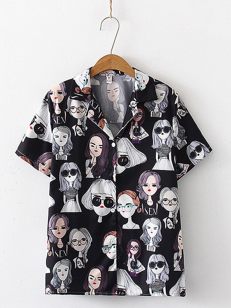 Blusa Informal De Manga Corta Con Botones Estampados De Niña Para Mujer