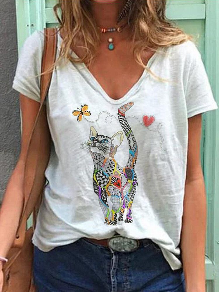 Blusa Informal De Manga Corta Con Estampado De Dibujos Animados De Mariposas Y Gatos